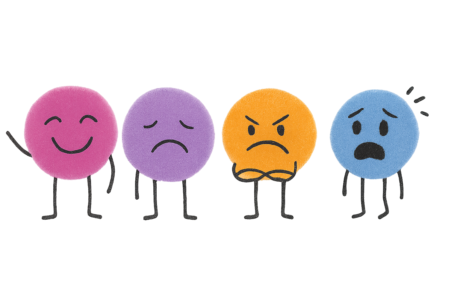 4 bonhommes crayonnés et colorés représentant 4 émotions : joie, tristesse, colère et peur