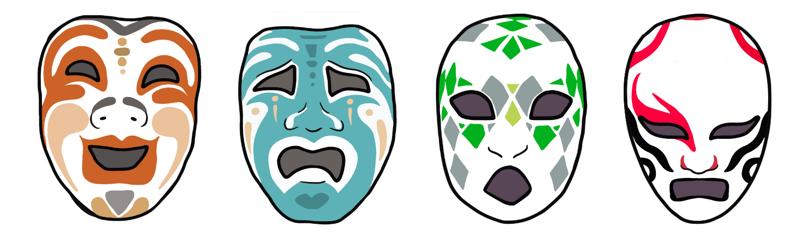 4 masques représentant 4 émotions : joie, tristesse, peur et colère